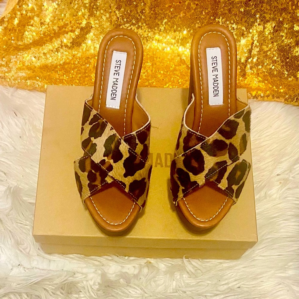 Leopard Print Platform Mule Heels - Brown Size 9 - Picture 10 of 11